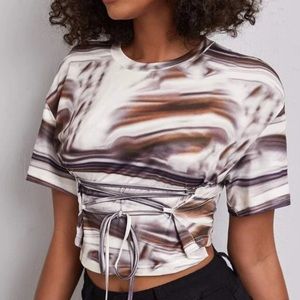 New Crisscross Tie Front Splash Crop Tee